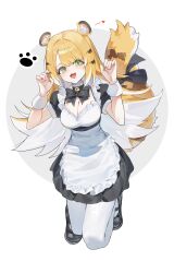 1girl absurdres alternate_costume animal_ears apron black_bow black_dress black_shoes blonde_hair bow breasts cleavage dress enmaided full_body green_eyes highres huu_(dighapdlxm12) ju_fufu jumping long_hair looking_at_viewer maid maid_apron open_mouth pantyhose paw_pose revision shoes short_sleeves simple_background smile solo tail tail_bow tail_ornament tiger_ears tiger_girl tiger_tail white_apron white_background white_pantyhose white_wrist_cuffs wrist_cuffs zenless_zone_zero