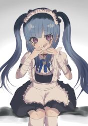 1girl alternate_costume amemiya_darumi apron bandaged_wrist bandages black_bow black_hair blue_bow blue_hair bow ear_piercing face_piercing grey_background hands_up heart lip_piercing looking_at_viewer maid_apron maid_headdress multicolored_hair piercing pink_eyes safety_pin sitting solo the_hundred_line_-last_defense_academy- thighhighs twintails