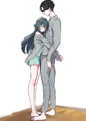 1boy 1girl antenna_hair bare_legs barefoot black-framed_eyewear black_hair commentary_request full_body gakuen_idolmaster glasses green_hair green_pajamas grey_pants grey_shirt hair_flaps hand_on_another&#039;s_head hetero highres hug idolmaster kasasagi_(futagodori888) long_hair pajamas pants producer_(idolmaster) shirt straight_hair tsukimura_temari very_long_hair