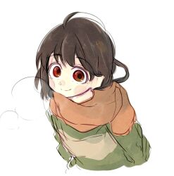 1other ahoge arms_behind_back blush blush_stickers breath brown_hair chara_(undertale) closed_mouth cold cropped_torso from_side green_sweater highres ituu_kiriko leaning_forward long_sleeves looking_at_viewer looking_to_the_side loose_hair_strand orange_scarf pale_skin red_eyes scarf short_hair simple_background single_horizontal_stripe sketch smile solo sweater two-tone_sweater undertale upper_body white_background yellow_sweater