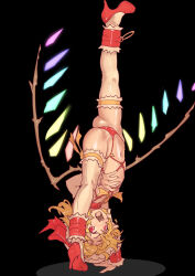 1girl ass blonde_hair crystal_wings flandre_scarlet flexible harness high_heels leg_up looking_at_viewer mersoleil03 open_mouth red_eyes revealing_clothes short_hair smile solo split thighhighs touhou touhou_tag_dream upside-down wrestling_outfit