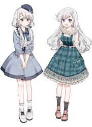 2girls :d asymmetrical_bangs beads beret blue_dress blue_ribbon blush braid braided_bangs brown_shoes buttons dot_nose dress expressionless frilled_shirt_collar frilled_skirt frilled_sleeves frilled_socks frills grey_hair hair_beads hair_ornament hat hat_ribbon highres hisakawa_hayate hisakawa_nagi idolmaster idolmaster_cinderella_girls layered_skirt loafers long_hair long_sleeves looking_at_viewer low_twintails migolu mini_hat multiple_girls neck_ribbon open_mouth overall_skirt own_hands_together plaid_clothes plaid_skirt pocket ribbon shirt shoes siblings side_braid simple_background single_sidelock sisters skirt smile socks twins twintails v_arms wavy_hair white_background white_shirt white_shoes