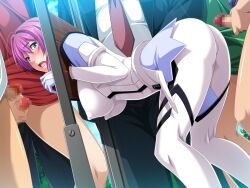 1girl 3boys 4boys aqua_eyes ass bdsm bent_over blue_eyes blush bodysuit bondage bottomless bound bound_wrists breasts censored clothed_sex covered_erect_nipples day dutch_angle formal_clothes game_cg gangbang gentle_sasaki group_sex hanging_breasts hetero humiliation imminent_rape impossible_bodysuit impossible_clothes large_breasts male_masturbation masturbation mosaic_censoring multiple_boys necktie non-web_source official_art open_mouth outdoors penis pillory prism_reica public_use purple_hair rape restrained shindou_hatsune short_hair skin_tight solo_focus soukou_senki_prism_reica stationary_restraints suit variant_set white_bodysuit