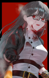1girl absurdres belt black_background black_coat black_gloves black_hair blood blood_on_clothes blood_on_face blood_on_hands blurry blurry_foreground bob_cut breasts cigarette coat commentary_request contempt_awe_(e.g.o) e.g.o_(project_moon) gloves highres large_breasts limbus_company long_hair looking_at_viewer oparusu open_mouth project_moon red_background red_eyes ryoshu_(project_moon) shirt simple_background smoke solo sunglasses teeth upper_teeth_only very_long_hair white_shirt
