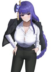 1girl absurdres alternate_costume black_jacket black_pants blunt_bangs blush breasts button_gap cleavage closed_mouth collared_shirt commentary contemporary cowboy_shot genshin_impact hair_ornament hand_in_pocket hand_on_own_hip hands_in_pockets highres jacket jacket_on_shoulders large_breasts light_blush long_hair looking_at_viewer low-braided_long_hair low-tied_long_hair mollra pants purple_eyes purple_hair raiden_shogun shirt shirt_tucked_in solo taut_clothes taut_shirt very_long_hair white_shirt