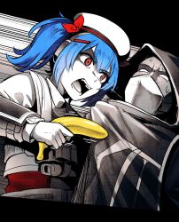 1boy 1girl angry banana beret blue_hair colphne_(girls&#039;_frontline_2) food fruit girls&#039;_frontline girls&#039;_frontline_2:_exilium hat highres holding holding_food holding_fruit hood hoodie mask mouth_mask red_eyes senpaihawkkun spot_color upper_body