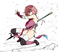 1girl alternate_costume arm_wrap armpit_crease bandaged_arm bandaged_leg bandages black_thighhighs blue_eyes breasts china_dress chinese_clothes colored_tips commentary cross-laced_clothes cross-laced_dress dress full_body hair_between_eyes head_wings henriiku_(ahemaru) highres holding holding_polearm holding_weapon hololive kneeling large_breasts leg_wrap looking_at_viewer micro_panties multicolored_hair on_one_knee panties pantyshot pelvic_curtain pink_dress pink_hair pink_panties polearm puckered_lips revealing_clothes sandals shin_guards short_hair side-tie_panties simple_background sleeveless sleeveless_dress solo spear takane_lui thighhighs underwear v-shaped_eyebrows virtual_youtuber weapon white_background white_hair wings wrist_guards