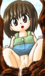 1girl blue_dress brown_eyes brown_hair cloud dress flat_chest hands_on_own_knees hole loli looking_at_viewer looking_down manoyuya_(artist) no_panties open_mouth original peeing pussy short_hair sky sleeveless sleeveless_dress spread_legs squatting