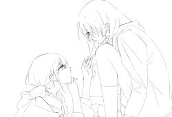2girls chinese_commentary closed_mouth commentary_request e-fa-dorn girls_band_cry greyscale highres hood hood_down hoodie iseri_nina kawaragi_momoka kneehighs long_hair low_twintails monochrome multiple_girls pussy_juice short_hair short_twintails simple_background socks twintails white_background yuri