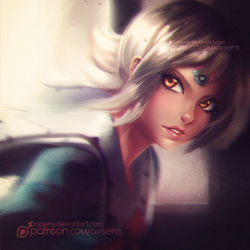 Rule 34 | 1girl, axsen, blurry, brown eyes, facial mark, female focus, forehead mark, from side, lal&#039;c mellk mal, parted lips, pink lips, school uniform, silver hair, solo, top wo nerae! (series), top wo nerae 2!, upper body, watermark, web address