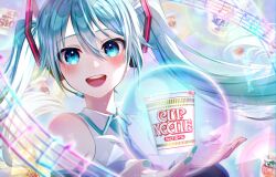 Rule 34 | 1girl, :d, aqua hair, aqua nails, aqua necktie, aqua trim, bare shoulders, black sleeves, blue eyes, blush, breasts, bubble, collared shirt, commentary request, cup ramen, cupping hands, detached sleeves, double-parted bangs, grey background, hair between eyes, hair ornament, hands up, hatsune miku, headphones, headset, highres, light particles, long hair, long sleeves, looking at viewer, musical note, musical staff, nail polish, necktie, nhrg806, nissin cup noodle, open mouth, own hands together, project sekai, round teeth, sheet music, shirt, simple background, sleeveless, sleeveless shirt, small breasts, smile, solo, sparkle, teeth, triangle, twintails, upper body, upper teeth only, very long hair, vocaloid, white shirt