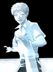 1boy belt black_belt black_pants blurry collared_shirt commentary_request highres hikaru_(hikaru_ga_shinda_natsu) hikaru_ga_shinda_natsu holding_hands male_focus open_mouth pants pov pov_hands sajujutsu shirt short_hair short_sleeves solo_focus teeth watch wristwatch