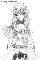 1girl blush breasts cleavage closed_mouth coat commentary_request cowboy_shot embarrassed english_text fingerless_gloves fur-trimmed_coat fur_trim gift gloves greyscale groin highres holding holding_gift horns kamui_setsuna lace lace-trimmed_legwear lace_trim large_breasts lineart long_hair looking_to_the_side miniskirt monochrome navel open_clothes open_coat ragnarok_online shadow_chaser_(ragnarok_online) simple_background skirt solo thighhighs valentine very_long_hair