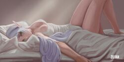 1girl arms_at_sides artist_name bed breasts cleavage closed_mouth dress elf eyebrows eyelashes feet_out_of_frame female_focus frieren from_side green_eyes grey_hair half-closed_eyes knees_up legs_together long_hair long_pointy_ears looking_at_viewer lying medium_breasts naughty_face nose on_back on_bed pointy_ears sleeveless sleeveless_dress smile smug solo sousou_no_frieren white_dress zilvan