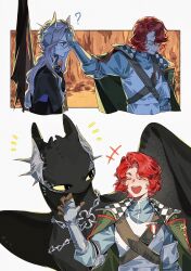 +++ 2girls ? ^_^ absurdres badge black_cape black_jacket blue_shirt cape closed_eyes coat coat_on_shoulders couter dragon dress gauntlets green_coat grey_hair hair_ornament hand_on_another&#039;s_forehead hand_up highres how_to_train_your_dragon_(series) jacket jo_jun long_hair looking_at_another low_ponytail marsha_(reverse:1999) military_uniform monsterification multiple_girls open_mouth ponytail profile red_hair reverse:1999 sentinel_(reverse:1999) shirt short_hair shoulder_belt smile toothless upper_body western_dragon white_dress