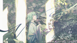 1other barcode blue_hanfu cangchen chinese_clothes cowboy_shot day enkidu_(fate) expressionless eyelashes fate/grand_order fate_(series) forest green_eyes green_hair hanfu highres long_sleeves looking_ahead nature outdoors outstretched_hand sample_watermark short_hair sleeves_past_wrists solo watermark wide_sleeves