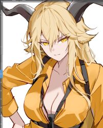 1girl animal_ears arknights black_horns blonde_hair breasts cleavage collarbone collared_shirt degenbrecher_(arknights) goat_ears goat_girl goat_horns highres horns long_hair long_sleeves orange_shirt shirt solo sparks_summer yellow_eyes