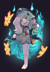 1girl bags_under_eyes barefoot batazungharn blue_eyes female_focus full_body green_hair highres hitodama honkai:_star_rail honkai_(series) huohuo_(honkai:_star_rail) leg_up long_hair long_sleeves open_mouth paw-shaped_pupils soles solo standing standing_on_one_leg symbol-shaped_pupils teeth toes upper_teeth_only