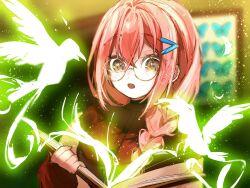 1girl angel angel_wings animal animal_on_head bird bird_on_head blush book braid dove feathered_wings feathers glasses hair_between_eyes hair_ornament hairclip halo highres holding holding_book long_hair looking_at_viewer nogiro_(usa_ru) on_head ootori_kokona open_book open_mouth pink_hair quill round_eyewear solo sweater upper_body white_feathers white_wings wings world_dai_star