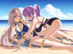 Rule 34 | 2girls, absurdres, barefoot, beach, bikini, black bikini, blue bikini, blue eyes, blue nails, blush, braid, braided bangs, breasts, choker, colored inner hair, commentary, commission, day, english commentary, feather hair ornament, feathers, feet, food, food in mouth, gradient hair, grey hair, hair ornament, highres, holding, holding food, holding popsicle, hololive, hololive indonesia, hui yu, large breasts, long hair, melting, melting popsicle, moona hoshinova, multicolored hair, multiple girls, nail polish, one eye closed, outdoors, pavolia reine, popsicle, popsicle in mouth, popsicle stick, purple eyes, purple hair, purple nails, smile, soles, starry hair, swimsuit, two-tone hair, virtual youtuber