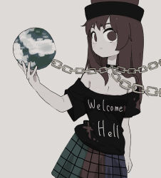 1girl absurdres bare_shoulders black_choker black_shirt blue_skirt breasts chain choker cleavage collarbone earth_(ornament) expressionless green_skirt grey_background hecatia_lapislazuli highres long_hair looking_at_viewer multicolored_skirt plaid_clothes plaid_skirt red_eyes red_hair red_skirt shirt skirt solo t-shirt touhou uzou_(uzooooooooo)