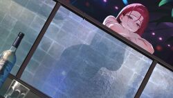 1girl absurdres against_glass artistic_error bottle breast_press breasts breasts_on_glass cup drinking_glass highres indie_virtual_youtuber indoors korean_commentary large_breasts red_eyes red_hair see-through_silhouette smile solo translucent yanuel ziki_(gkdlfnzo1245)