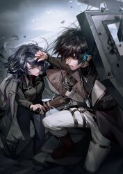 black_gloves black_hair black_pants black_shirt black_undershirt blocking blue_eyes blue_hair brown_coat chest_harness chief_(path_to_nowhere) chinese_commentary cinnabar_(path_to_nowhere) coat coat_on_shoulders collared_shirt colored_tips commentary covering_head dog_tags emblem female_chief_(path_to_nowhere) gloves grey_coat harness highres holding holding_hands holding_shield lapel_chain leather_coat long_hair multicolored_hair multiple_necklaces official_alternate_costume open_mouth pants path_to_nowhere power_lines rubble shield shirt short_hair simple_bird sleeptight triangle_necklace turtleneck utility_pole white_pants