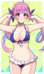 1girl :o absurdres ahoge anchor_print bare_shoulders bikini blue_bikini blue_hair blush braid breasts collarbone colored_inner_hair commentary curly_hair front-tie_bikini_top front-tie_top green_background groin hair_ribbon highres hololive large_breasts long_hair looking_at_viewer minato_aqua multicolored_hair navel ooike_teru open_mouth pink_eyes pink_hair purple_bikini purple_ribbon ribbon solo stomach streaked_hair swimsuit thighs twintails two-tone_hair virtual_youtuber