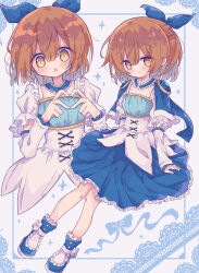 1girl :o absurdres arle_nadja arm_warmers blue_boots blue_cape blue_ribbon blue_skirt blush boots brown_hair cape closed_mouth commentary_request dress four-finger_heart_hands frilled_boots frilled_skirt frilled_sleeves frills full_body futaba969649 hair_between_eyes hair_ribbon heart heart_hands highres looking_at_viewer multiple_views open_mouth ponytail puyopuyo ribbon shirt short_hair short_sleeves skirt smile twitter_username volks_dd white_dress white_shirt yellow_eyes