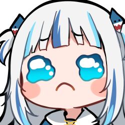 1girl :c artist_request bad_link blue_hair blunt_bangs blush_stickers chibi frown furrowed_brow gawr_gura gawr_gura_(1st_costume) hair_ornament hololive hololive_english multicolored_hair official_art portrait sad shark_hair_ornament solo streaked_hair tearing_up transparent_background two_side_up virtual_youtuber white_hair