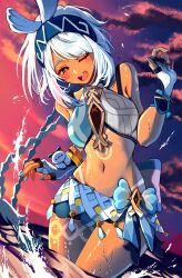 1girl absurdres bare_shoulders blue_hairband blue_nails body_markings braid breasts cloud commentary_request crop_top dark_skin fingerless_gloves genshin_impact gloves hairband highres long_hair mualani_(genshin_impact) navel one_eye_closed open_mouth red_eyes smile solo wading white_hair yu_da_yu_da