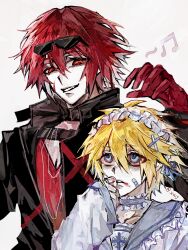 2boys alternate_costume aotu_world bandaid bandaid_on_face black_collar black_jacket blonde_hair blood blood_on_clothes blood_on_face blue_eyes chinese_commentary choker collar crossdressing eyewear_on_head frilled_choker frilled_hairband frilled_shirt_collar frills gloves grin hair_between_eyes hair_ornament hairband hand_on_own_face hand_up height_difference high_collar highres jacket jewelry king_(aotu_world) long_sleeves male_focus multiple_boys musical_note necklace open_mouth parted_lips pectoral_cleavage pectorals pius_(aotu_world) red_eyes red_gloves red_hair red_shirt scar scar_on_face school_uniform serafuku shirt short_hair simple_background smile sunglasses teeth trap twitter_username upper_body v-neck white_background white_serafuku x_hair_ornament xianxian655 yaoi