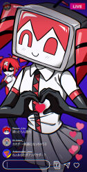 Rule 34 | 2girls, absurdres, ahoge, ambassador (synthesizer v), bandaid, bandaid on head, bare shoulders, baseball bat, black gloves, blurry, blurry background, character name, chat log, crossed bandaids, detached hair, drill hair, elbow gloves, gloves, grey skirt, heart, heart hands, highres, igaku (utau), kasane teto, liar dancer (synthesizer v), livestream, multiple girls, object head, pleated skirt, purple background, red hair, shaded face, shirt, skirt, sleeveless, sleeveless shirt, standing, sumi ringo, synthesizer v, television, tiktok, tiktok live, translation request, twin drills, utau, white shirt