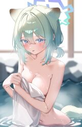 1girl :p absurdres animal_ears blue_archive blurry blurry_background blush breasts bust_cup commentary_request covering_privates drawing_flover green_hair hair_between_eyes halo highres holding holding_towel looking_at_viewer medium_breasts navel nude_cover onsen see-through_silhouette shigure_(blue_archive) solo tail tongue tongue_out towel weasel_ears weasel_tail