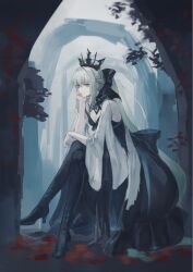 1girl absurdres black_boots black_bow black_crown black_dress blue_eyes boots bow braid branch breasts cleavage crown doyamemo_f dress fate/grand_order fate_(series) grey_hair hair_bow highres long_hair looking_at_viewer morgan_le_fay_(fate) ponytail sidelocks sitting solo very_long_hair