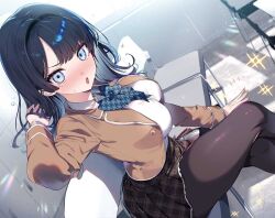 1girl black_hair black_pantyhose blazer bloom blue_eyes blush bow bowtie breasts crossed_legs dutch_angle hair_intakes hand_in_own_hair houndstooth impossible_clothes impossible_shirt indoors ippanjin_no_ore_wo_geinou-ka_joshi-tachi_ga_nigashite_kurenai_ken. jacket kat_(bu-kunn) lens_flare locker long_hair minase_nagisa_(ippanjin_no_ore_wo_geinou-ka_joshi-tachi_ga_nigashite_kurenai_ken) nose_blush novel_illustration official_art on_chair open_clothes open_jacket open_mouth pantyhose plaid_clothes plaid_skirt pov school_uniform second-party_source shirt sitting skirt solo star_(symbol) white_shirt