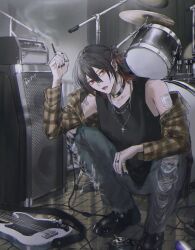 Rule 34 | 1boy, amplifier, ashtray, bandaid, bandaid on shoulder, bare shoulders, bass guitar, black boots, black choker, black hair, black nails, black tank top, boots, brown shirt, cable, chain, chain necklace, checkered clothes, checkered shirt, choker, cigarette, clothes pull, collarbone, commentary request, cross, cross earrings, cross necklace, denim, drum, drum set, ear piercing, earrings, energy drink, fangs, full body, grey pants, hair between eyes, highres, holding, holding cigarette, indoors, instrument, jeans, jewelry, looking at viewer, male focus, medium hair, multicolored hair, multiple rings, necklace, open mouth, original, pants, piercing, red eyes, red hair, ring, shirt, shirt pull, smoke, solo, squatting, st31010, tank top, torn clothes, torn jeans, torn pants, two-tone hair
