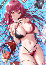 Rule 34 | 1girl, :3, belt, bikini, bracelet, breasts, cleavage, closed mouth, commentary request, criss-cross halter, denim, denim shorts, double-parted bangs, four-finger heart hands, hair between eyes, halterneck, hat, heart, heart hands, heart o-ring, heterochromia, highleg, highleg bikini, highres, hololive, holonatsu paradise, houshou marine (holonatsu paradise), jewelry, kogarashi tobi, large breasts, long hair, looking at viewer, lying, multi-strapped bikini bottom, multi-strapped bikini top, navel, o-ring, o-ring bikini, official alternate costume, official alternate hairstyle, partially submerged, red bikini, red eyes, red hair, shorts, solo, stomach, swimsuit, unworn belt, unworn hat, unworn headwear, unworn shorts, virtual youtuber, water, wet, yellow eyes