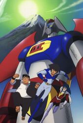 1980s_(style) 3boys black_hair blue_bodysuit bodysuit daichi_akira gekiganger_3 gekiganger_3_(mecha) habara_nobuyoshi highres kidou_senkan_nadesico mecha mechanical_wings mountain multiple_boys official_art oldschool retro_artstyle robot running sun super_robot tenkuu_ken umitsubame_joe wings