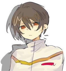 Rule 34 | 1boy, :/, brown hair, capelet, closed mouth, commentary, dan qin, gold trim, hair between eyes, jabuchi you, jacket, male focus, orange eyes, saibou shinkyoku, shadow, short hair, simple background, sketch, solo, sweat, symbol-only commentary, upper body, white background, white capelet, white jacket