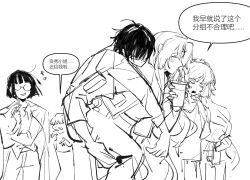 2boys 3girls bob_cut bow carrying chinese_text closed_eyes cowboy_shot freckles greyscale hair_bow hairband highres ishmael_(project_moon) jingshenhuanghu limbus_company long_hair mole mole_under_eye monochrome multiple_boys multiple_girls project_moon rodion_(project_moon) rope ryoshu_(project_moon) short_hair sinclair_(project_moon) sketch speech_bubble translation_request very_long_hair yi_sang_(project_moon)