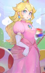 1girl 4boys backwards_long_jump blonde_hair blue_eyes blue_overalls blush breasts brown_hair crown dress earrings elbow_gloves facial_hair gameplay_mechanics gloves hat highres jewelry long_hair looking_at_viewer mario mario_(series) motion_blur multiple_boys mustache nintendo open_mouth overalls pink_dress ponytail princess_peach red_hat red_shirt rindoriko shirt short_hair smile sphere_earrings toad_(mario) warp_pipe white_gloves
