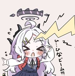 &gt;_&lt; 1girl backpack bag black_horns blue_archive blue_dress blush demon_girl demon_horns dress e_v_e_neko forehead grey_background hair_ornament hairclip halo hina_(blue_archive) horns lightning long_hair long_sleeves open_mouth parted_bangs pinafore_dress purple_halo randoseru red_bag shirt shukusei!!_loli-kami_requiem simple_background sleeveless sleeveless_dress wavy_hair white_hair white_shirt