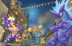 :d ^_^ absurdres aerial_fireworks arch arms_up artist_name balcony bell building clock closed_eyes closed_mouth commentary conga_drums creatures_(company) dated drum electabuzz english_commentary fangs fangs_out fireworks fountain game_freak gen_1_pokemon gen_7_pokemon gen_8_pokemon hanging_light highres holding holding_instrument instrument jumping katkichi lantern music night night_sky nintendo no_humans open_mouth oricorio oricorio_(pom-pom) outdoors pawmot playing_instrument pokemon pokemon_(creature) railing saxophone sign sky smile spikes stairs standing standing_on_one_leg stone_floor tongue toxtricity toxtricity_(amped) toxtricity_(low_key) umbrella v-shaped_eyebrows water window