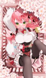 Rule 34 | 1girl, 35p (sakura miko), absurdres, bell, breasts, cherry blossoms, crib, detached sleeves, frills, garter straps, green eyes, hand on own chest, highres, hololive, isuka, jingle bell, kintoki (sakura miko), large breasts, long sleeves, looking at viewer, pacifier, pink hair, sakura miko, solo, thighhighs, virtual youtuber