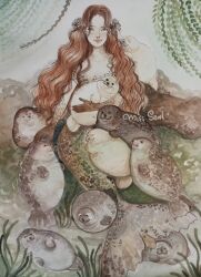 1girl 6+others animal brown_hair celtic_mythology cuddling group_picture highres holding holding_animal long_hair looking_at_viewer mermaid miss_seal monster_girl multiple_others norse_mythology plant seal_(animal) seaweed selkie selkie_(mythology) smile spotted_fur underwater vines