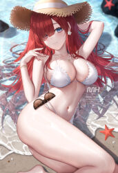 1girl arm_behind_head armpit_crease bare_legs bare_shoulders bikini blue_eyes breasts closed_mouth collarbone commentary_request earrings eyes_visible_through_hair eyewear_hang flower_earrings hair_over_one_eye hat highres jewelry large_breasts legs long_hair looking_at_viewer mhru navel necklace original paid_reward_available red_hair shore smile solo stomach straw_hat sunglasses swimsuit unworn_eyewear very_long_hair wet white_bikini