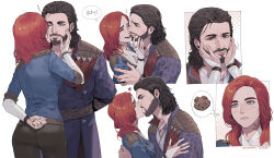 1boy baldur&#039;s_gate baldur&#039;s_gate_3 beard blue_shirt brown_hair byuub couple dungeons_&amp;_dragons dungeons_&amp;_dragons earrings english_text facial_hair gale_(baldur&#039;s_gate) happy hetero highres hug jewelry kiss kissing_cheek long_hair multiple_views purple_robe red_hair robe shirt smile speech_bubble tav_(baldur&#039;s_gate) white_background