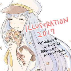 1girl 2017 blue_hair blush closed_eyes flower hand_up hat illustration.media itunohika long_hair original petals red_flower short_sleeves smile solo white_hat yellow_neckwear
