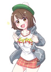 1girl alternate_costume pom_pom_beanie brown_hair clothes_writing creatures_(company) english_text female_focus game_freak gloria_(pokemon) grey_hoodie highres hood hoodie jacket logo nintendo open_clothes open_jacket open_mouth pae_(ac40935_m41) parody plaid_clothes plaid_skirt pokemon pokemon_swsh rowdy_roddy_piper shirt short_hair skirt smile solo t-shirt white_shirt wwe